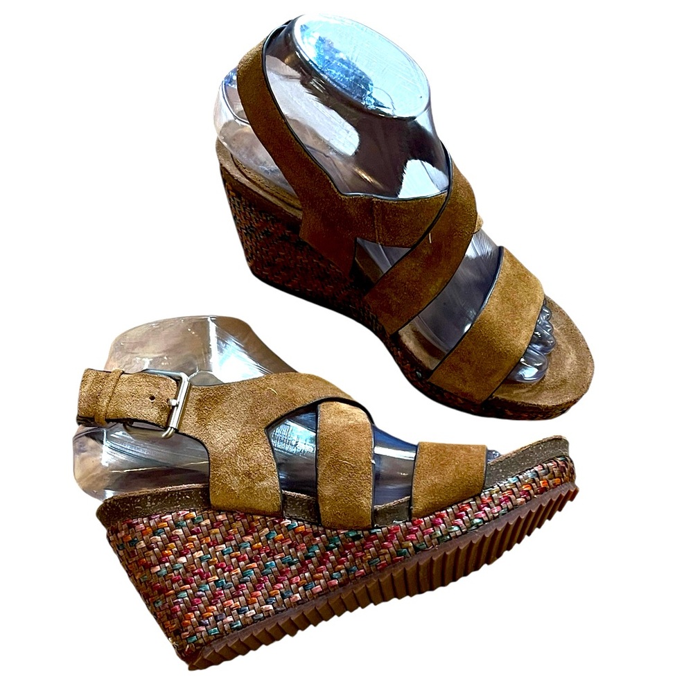 SOFFT HADDISON WOVEN WEDGE SUEDE LEATHER PLATFORM SANDALS SADDLE BROWN SIZE 7
